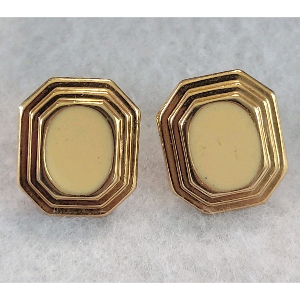 Vintage 1980s Art Deco Style Octagon Clip On Earrings Gold Tone Cream Enamel